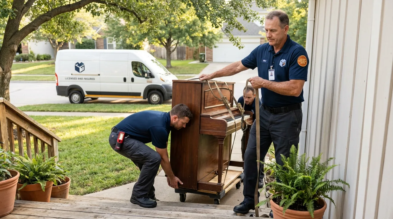 Licensed piano movers securing grand piano in Immokalee, FL