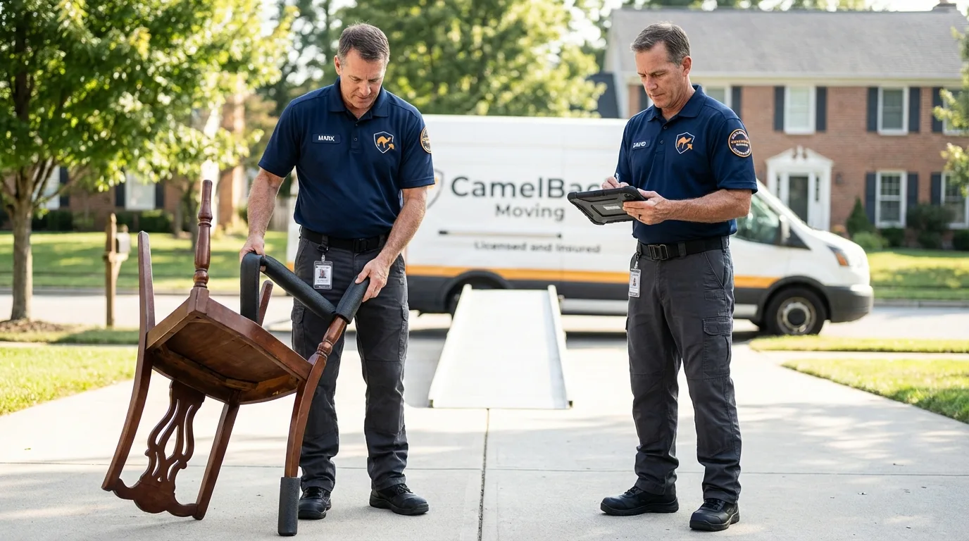 Movers inspecting furniture for damage prevention before loading in Immokalee, FL