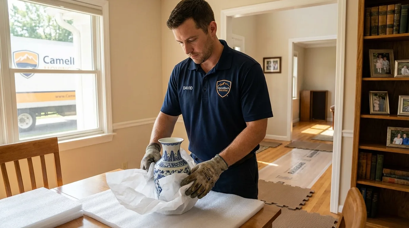 Professional crew carefully wrapping antique vase for senior downsizing move in Immokalee, FL